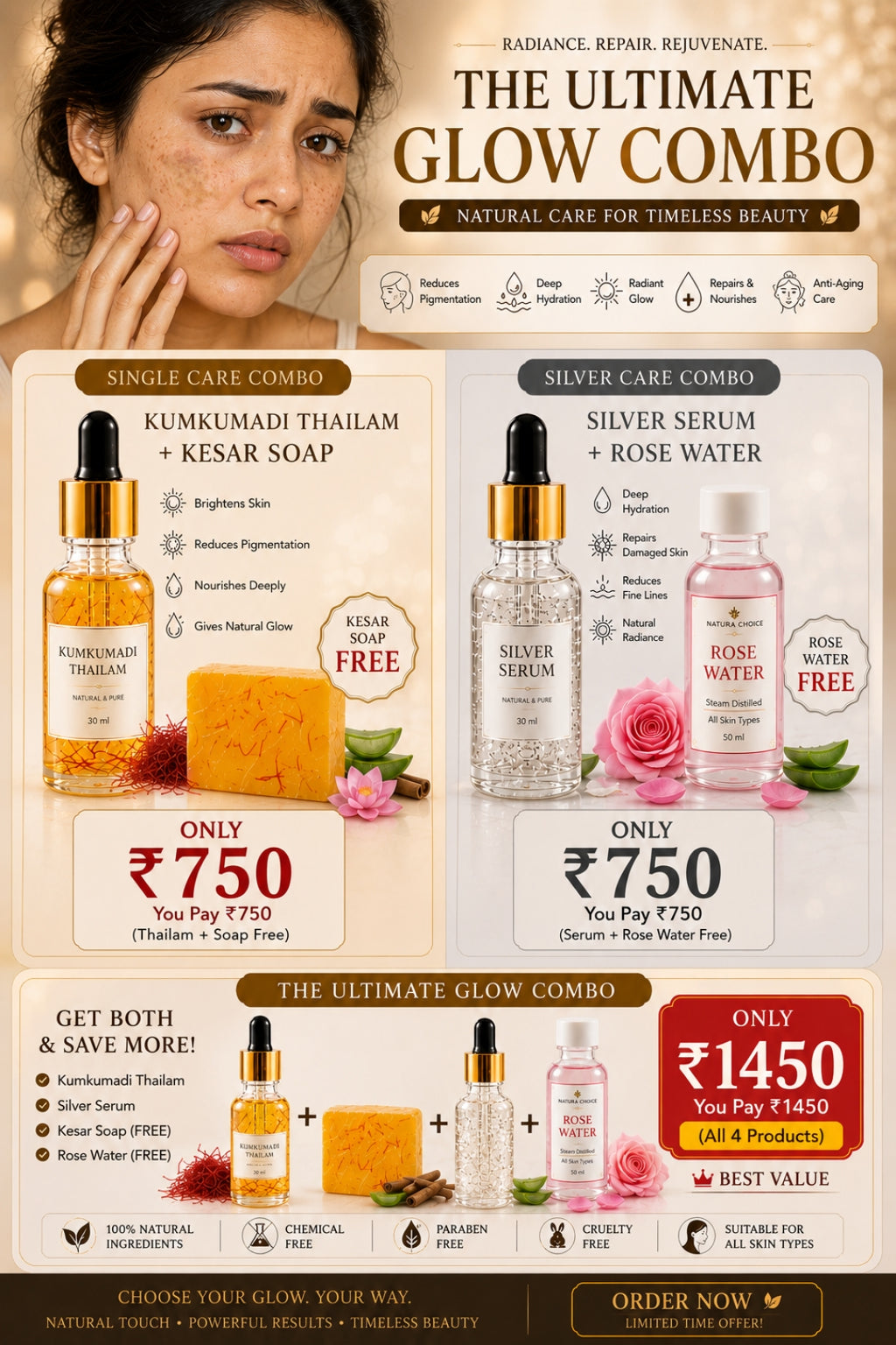 Premium Kumkumadi thailam and silver serum (day/night) (combo)