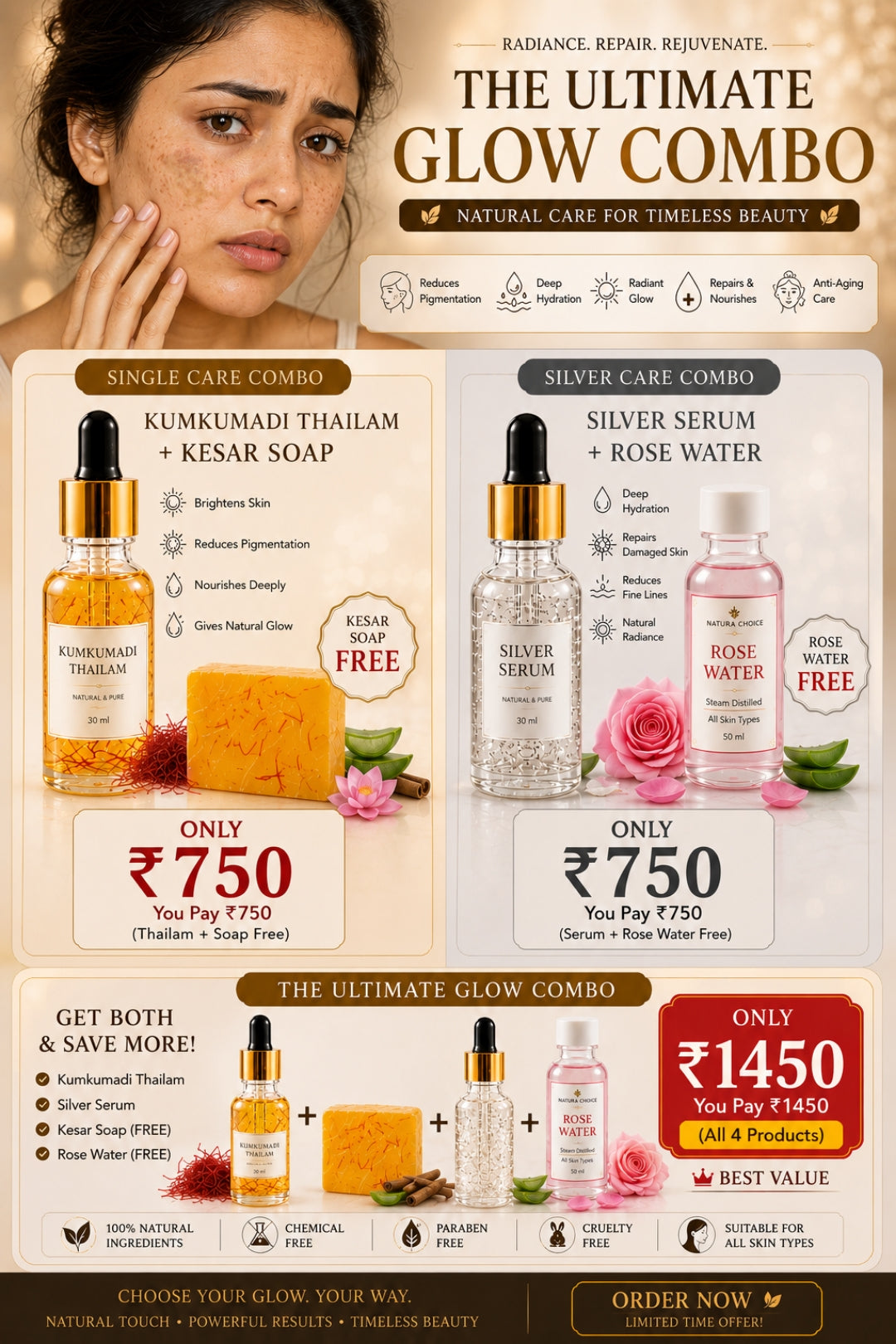 Premium Kumkumadi thailam and silver serum (day/night) (combo)